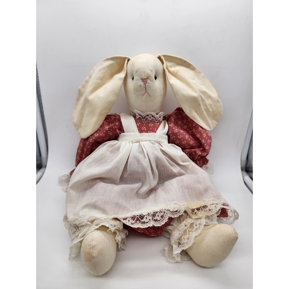 Vintage Handmade Primitive Rag Doll Bunny Rabbit Red Floral Dress Lace Trim 20in - Picture 1 of 9